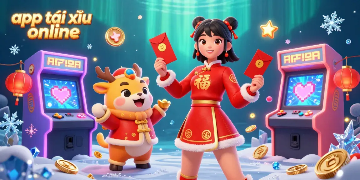 Win big with the app tài xỉu online, featuring a lively scene with festive characters and vibrant gaming elements.