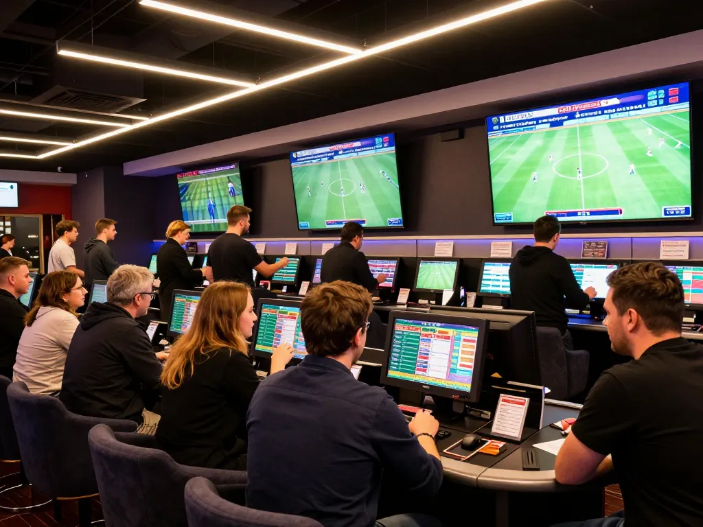Engaged bettors reviewing keonhacai odds at a vibrant sportsbook, showcasing strategic sports betting.