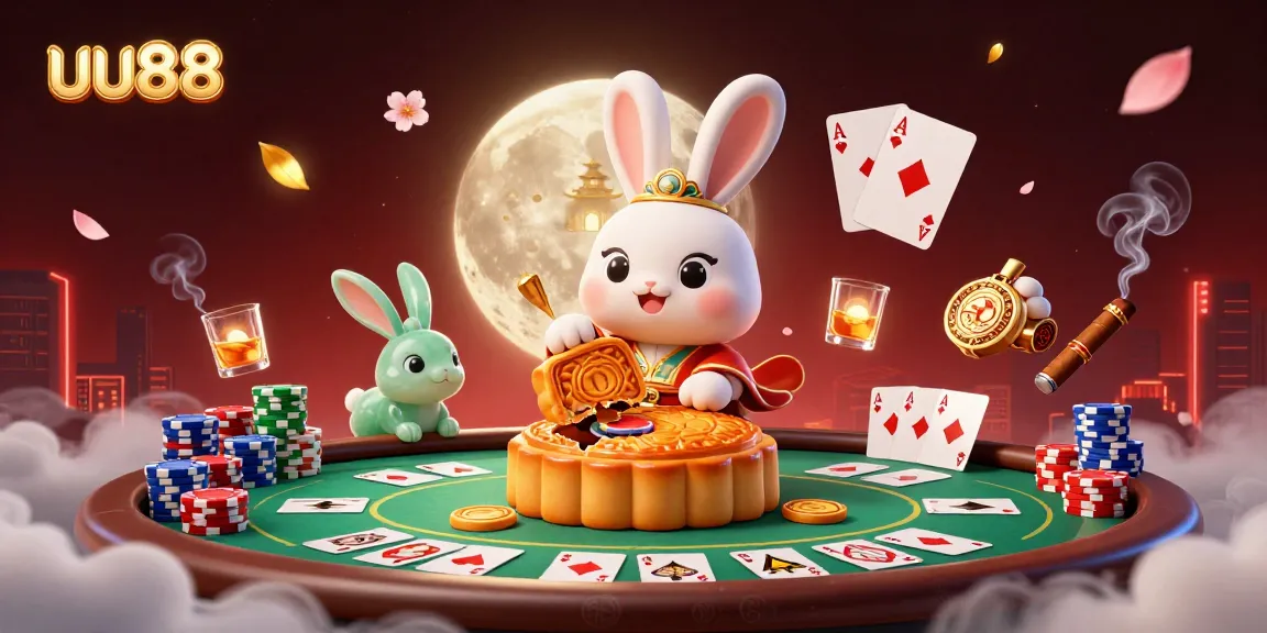 uu88 poker scene with a moon rabbit and casino elements, vibrant 3D illustration