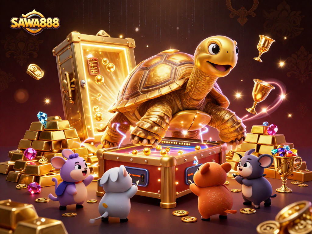 SAWA888 showcases the excitement of gaming with a golden tortoise pinball machine surrounded by treasures.