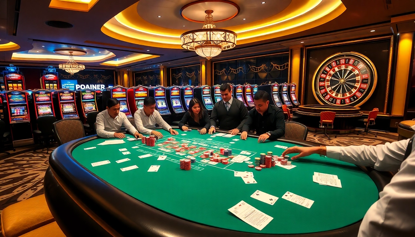 Exciting poker game at https://mubet.me/ with colorful chips and focused players in a luxurious casino.