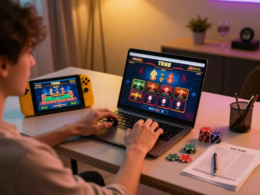Engaged player enjoying TR88 games on laptop setup, highlighting dynamic gaming experience.