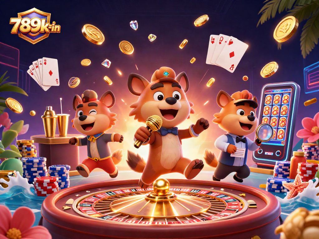 Engage with 789k-in's vibrant casino scene featuring hyenas, golden coins, and slot machines.