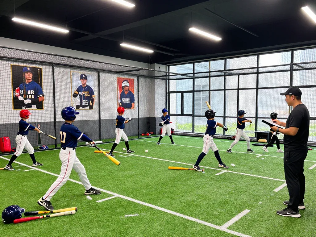 Hitclub baseball training facility with athletes practicing batting techniques under bright lights and supportive coaches.