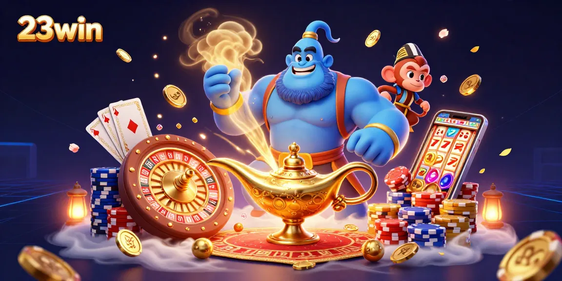 Experience the thrill of 23win with vibrant casino elements and playful characters in a dynamic scene.