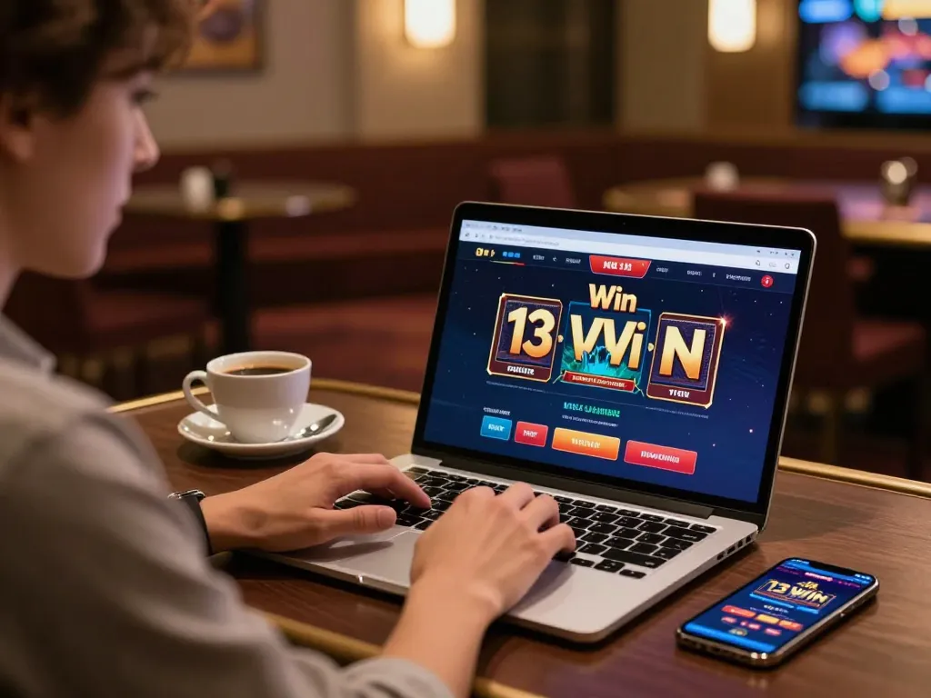 Player enjoying online gambling with 13 Win interface on laptop, showcasing strategic gameplay.