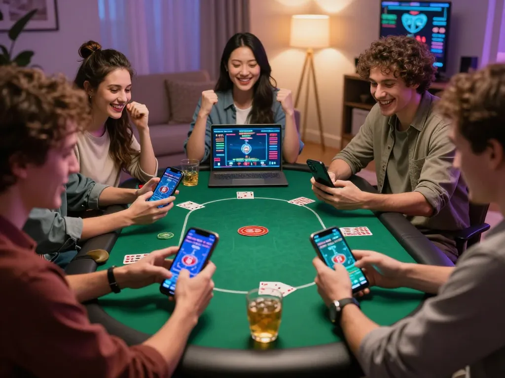 Friends engaging in online gaming with lc88 app on their devices during a lively night