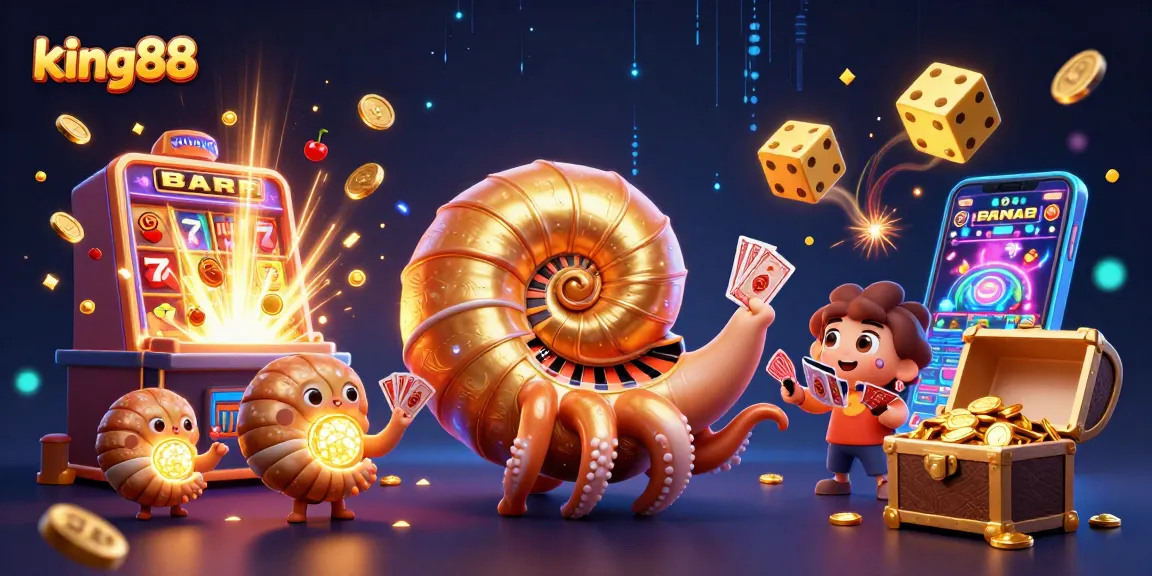 King88 features a giant nautilus roulette wheel amidst a vibrant online casino scene.