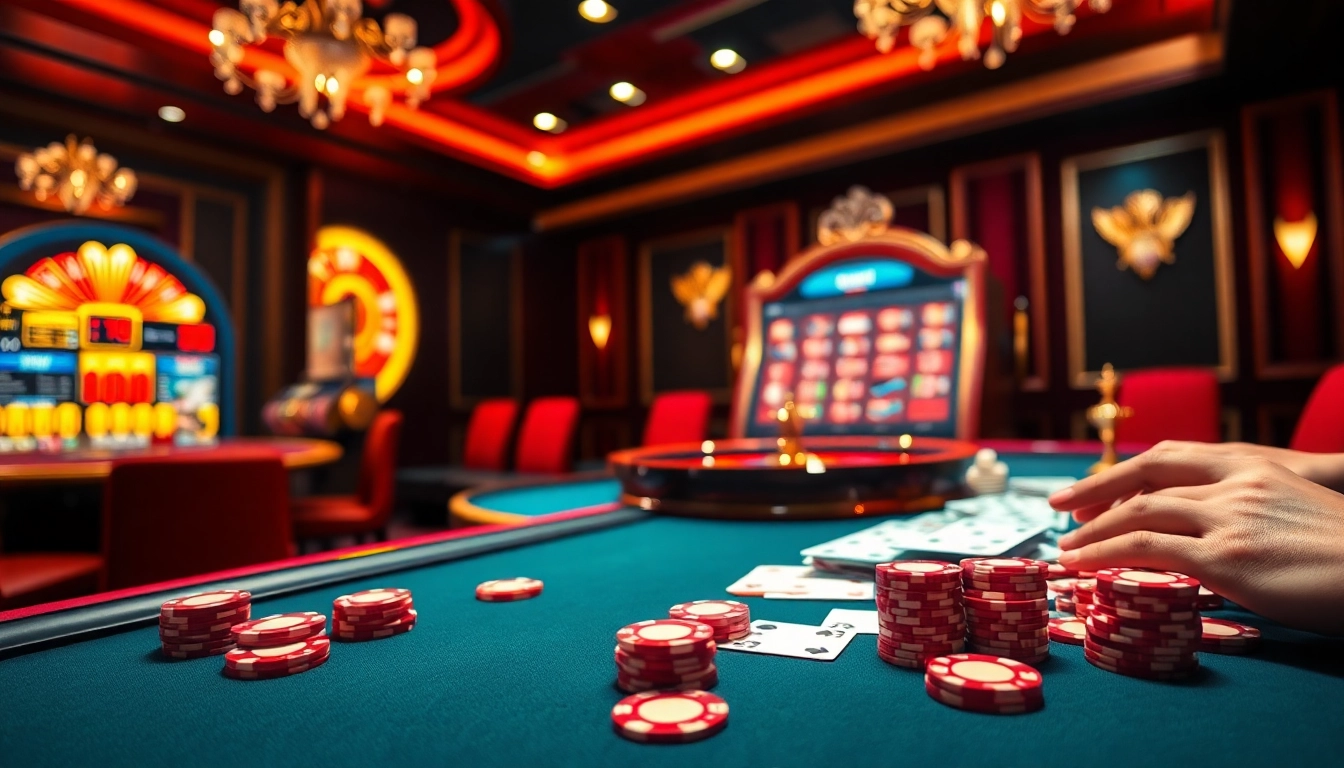 Experience the high-stakes thrill at hm88.con with vibrant casino visuals featuring poker, slots, and roulette.