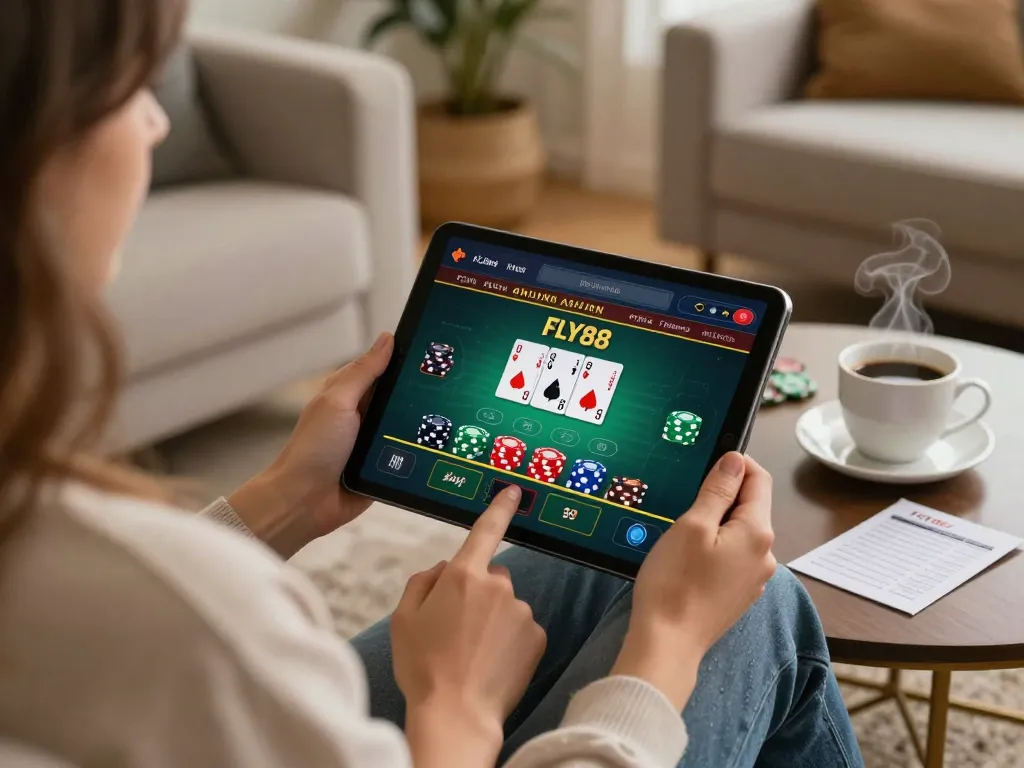 Engaging in responsible gaming with FLY88 on a tablet in a cozy home environment.