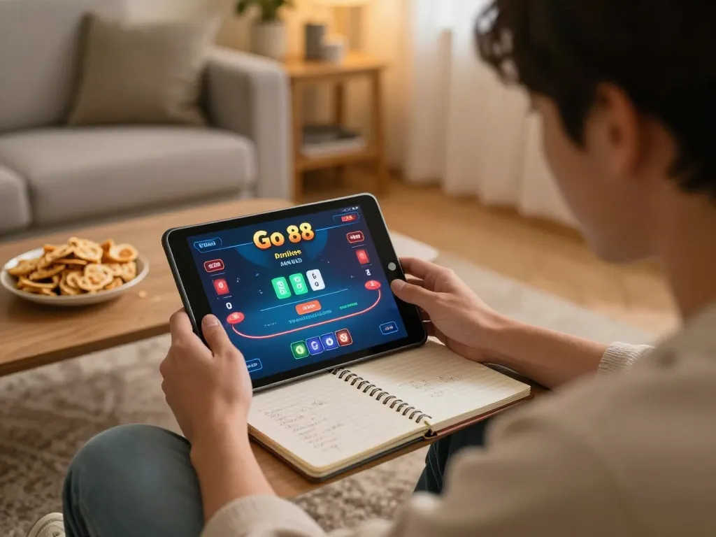 Player strategizing poker game on tablet with Go 88 interface in cozy home setting, emphasizing responsible gaming.