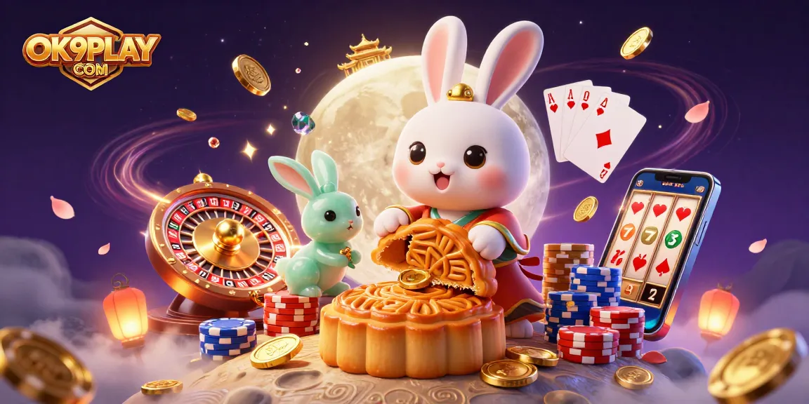 Experience casino excitement with OK9PLAY COM in this vibrant 3D illustration featuring lucky symbols and festive elements.
