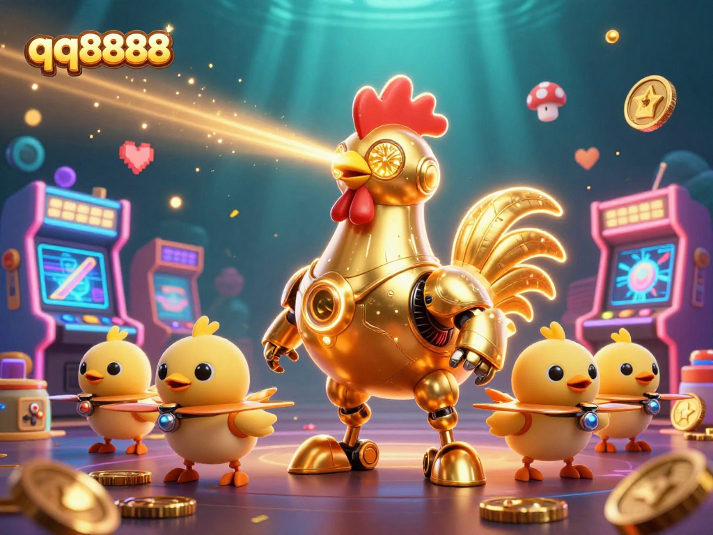 Join the thrilling action at qq8888 with a golden rooster robot and drone chicks in a dynamic gaming scene.