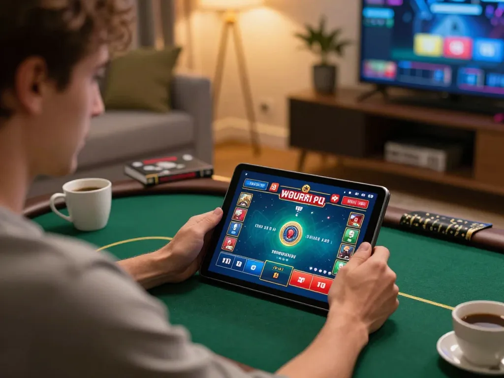 Engaging in the sunwin poker game on a tablet in a cozy home setting, illustrating responsible online gambling.