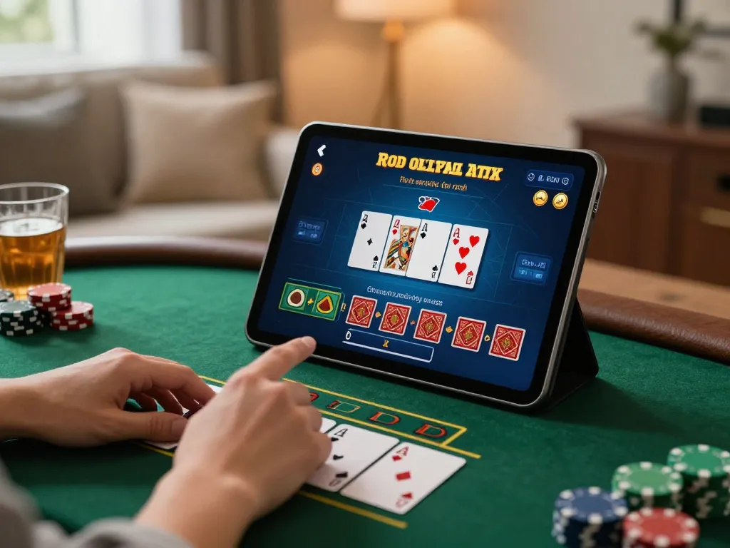 man88 player engaged in online blackjack strategy at home with tablet interface