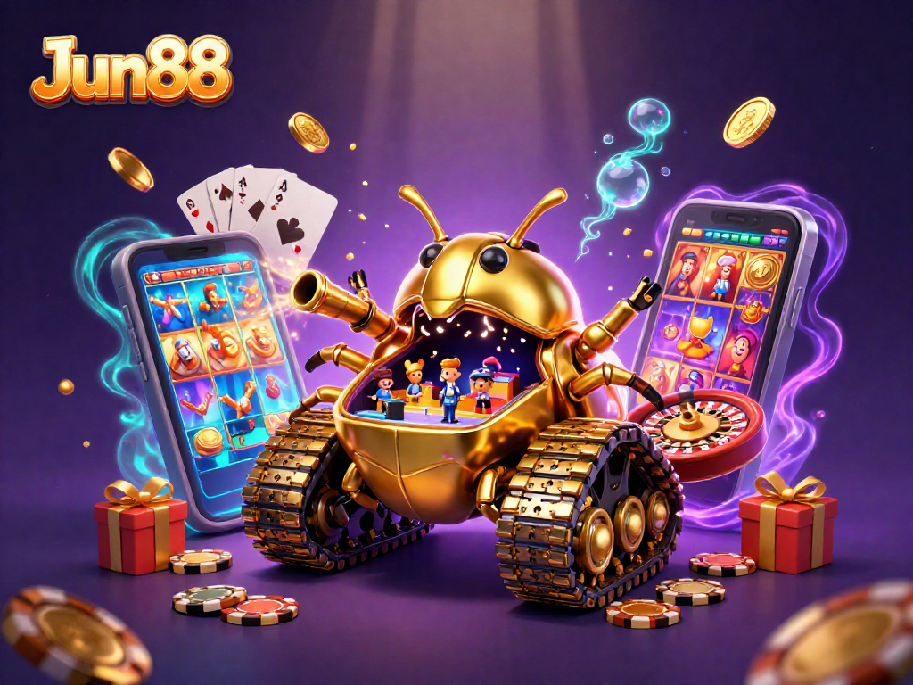 Experience the excitement at Jun88 with a vibrant 3D casino scene featuring games and rewards.