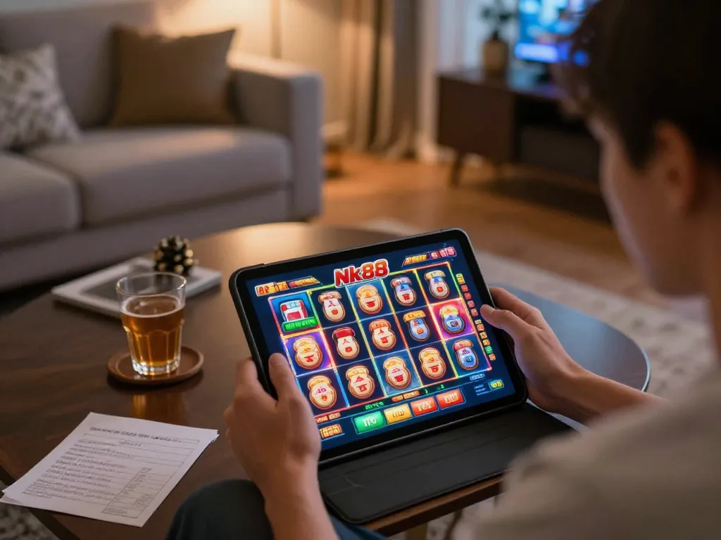Nk88 player engaging in exciting slot games on a tablet in a cozy home setting