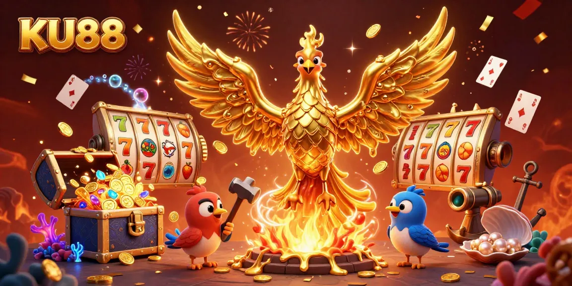 Engage in exciting gameplay with KU88 as a molten phoenix emerges amidst slots and treasures.