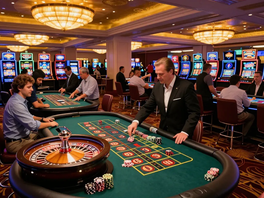 B52 players placing bets at a roulette table, creating excitement in a grand casino setting.