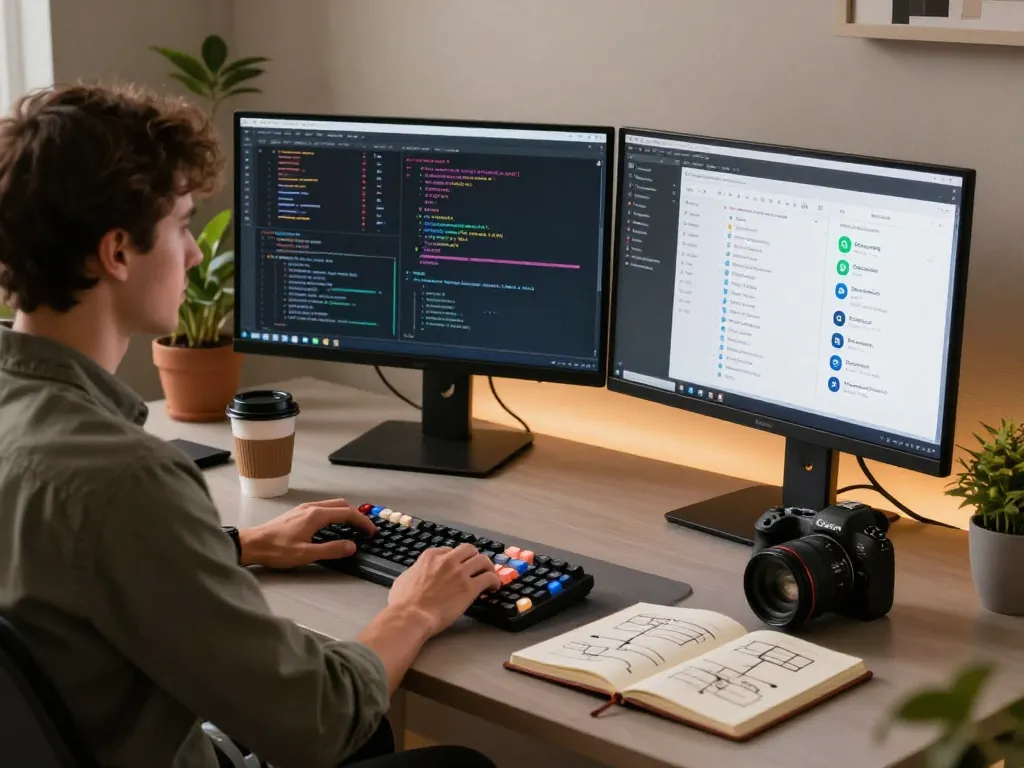 Moltbot AI harnessing programming power in a modern workspace with multiple screens.