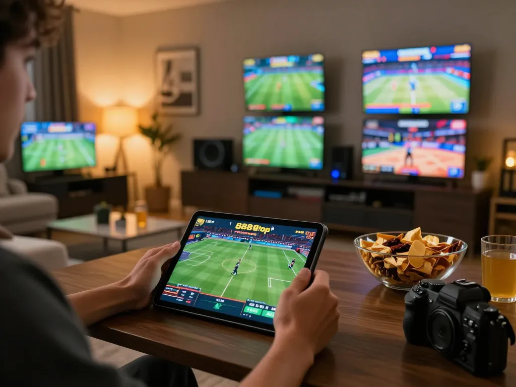 Engaging in sports betting on 888top using a tablet, showcasing an inviting home atmosphere.