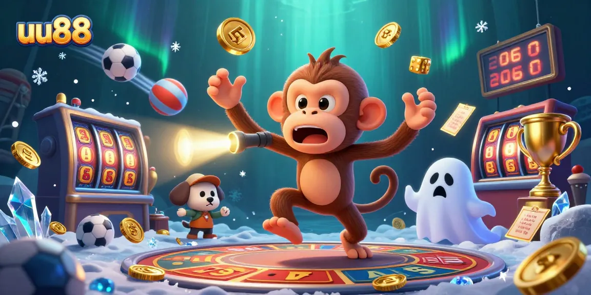 Join the thrill of uu88 with a playful poltergeist monkey and ghost-hunter puppy in a vibrant casino.