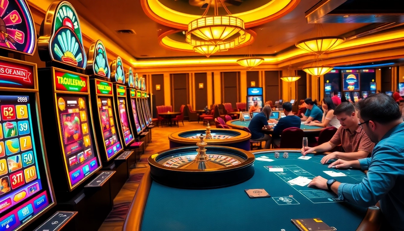 Excited players at a TG88 casino table, showcasing vibrant poker chips and slot machines.