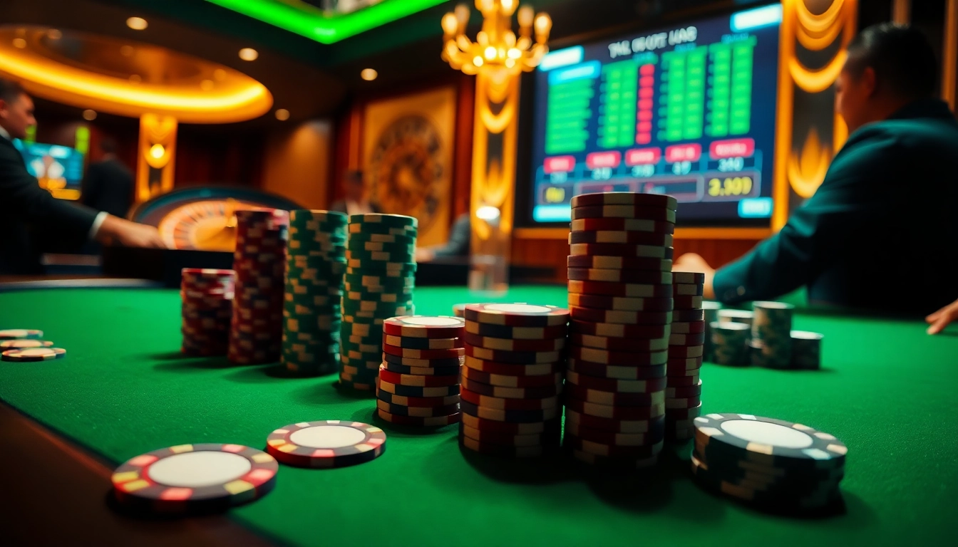 Typhu88 poker scene with vibrant chips and players captivated.