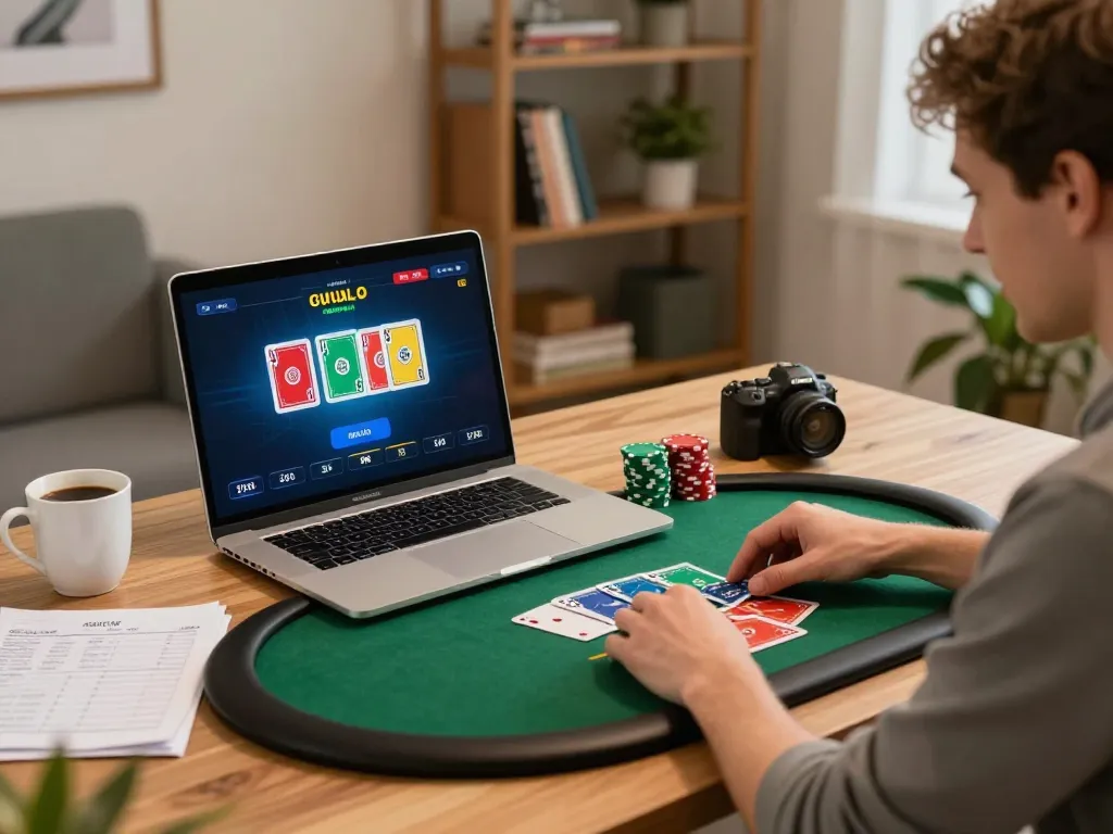 Engaging online poker experience on 789Win com laptop with strategic notes and cozy atmosphere.