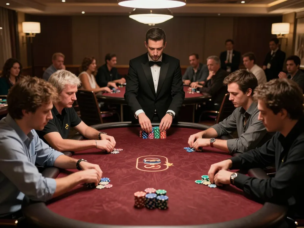 Players challenging each other in a poker game at 789club casino, colorful chips stacked and dealer managing the game.