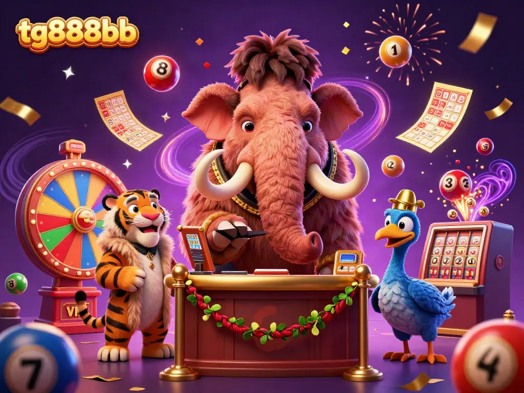 Engage with tg888bb's vibrant 3D casino scene featuring a woolly mammoth, saber-tooth tiger, and dodo bird vibrant elements.