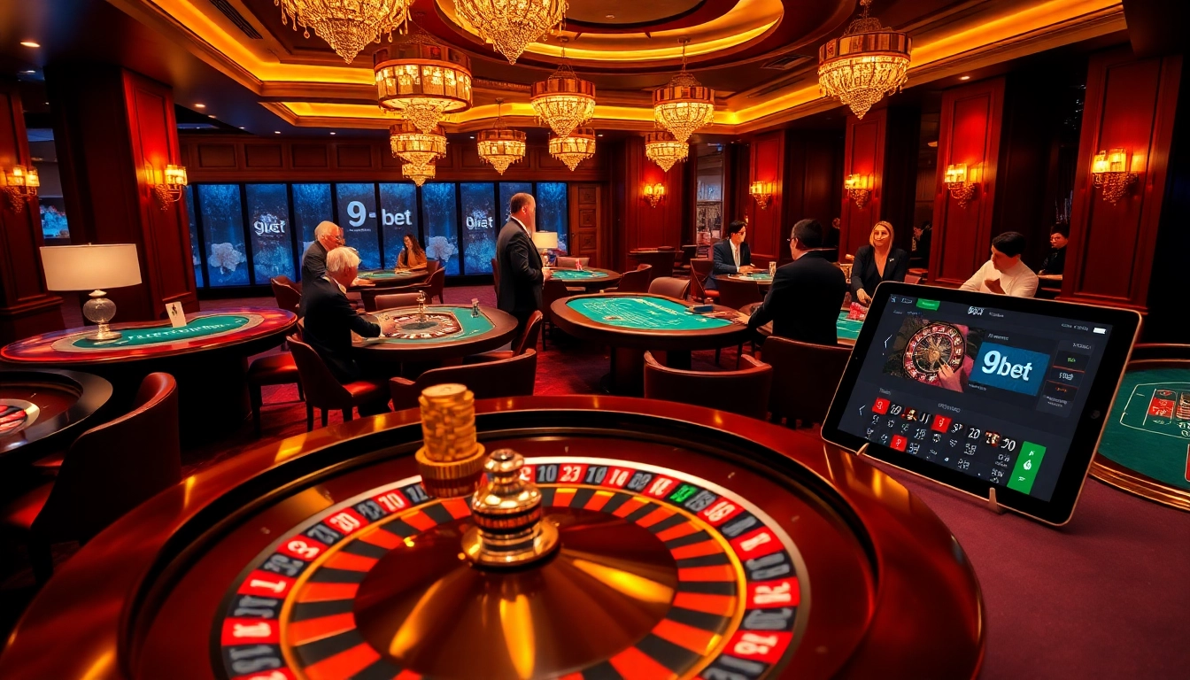 Experience the thrilling atmosphere of 9bet at a luxurious casino table with players enjoying high-stakes games.