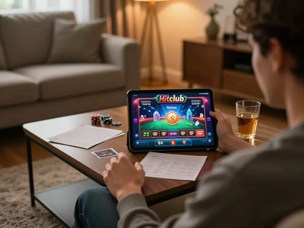 Hitclub online gaming scene with a player focusing on betting strategy in a cozy home environment.