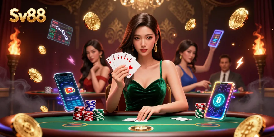 Engage in gaming action at Sv88 with a stunning poker scene featuring a focused player and dynamic crypto elements.