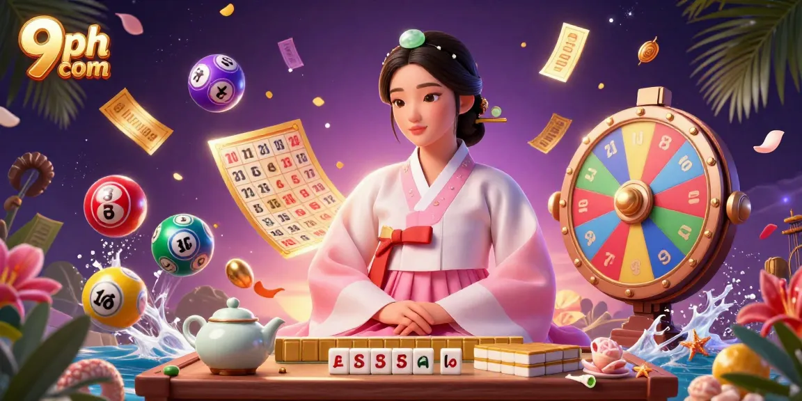 Experience the excitement of 9ph com with a vibrant 3D casino scene featuring a serene Asian woman and dynamic lottery elements.