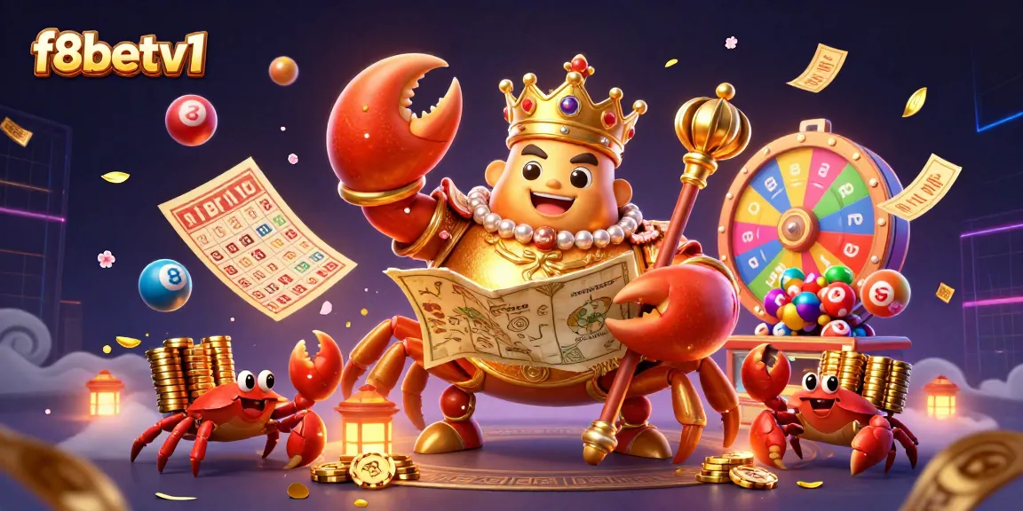 Play and win big with f8betv1's colorful gaming scene featuring a golden crab and lottery elements.