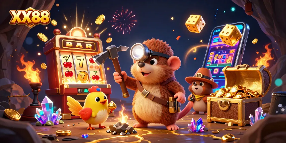 Experience the excitement of XX88 with a treasure hunting mole amidst jackpots and colorful casino games.
