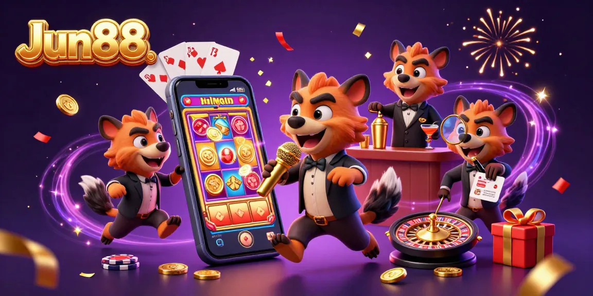 Experience the dynamic Jun88 comedy casino scene featuring hyenas and vibrant gaming elements.