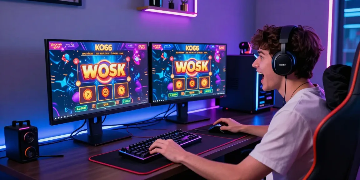 Player celebrating a big win at KO66's online casino with dual monitors, gaming accessories, and an exciting atmosphere.