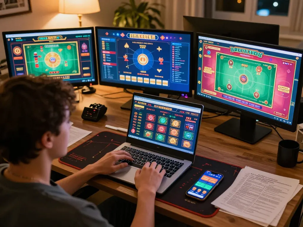 The player engaging with the cổng game bài đổi thưởng on a laptop and smartphone in an inviting home setup.