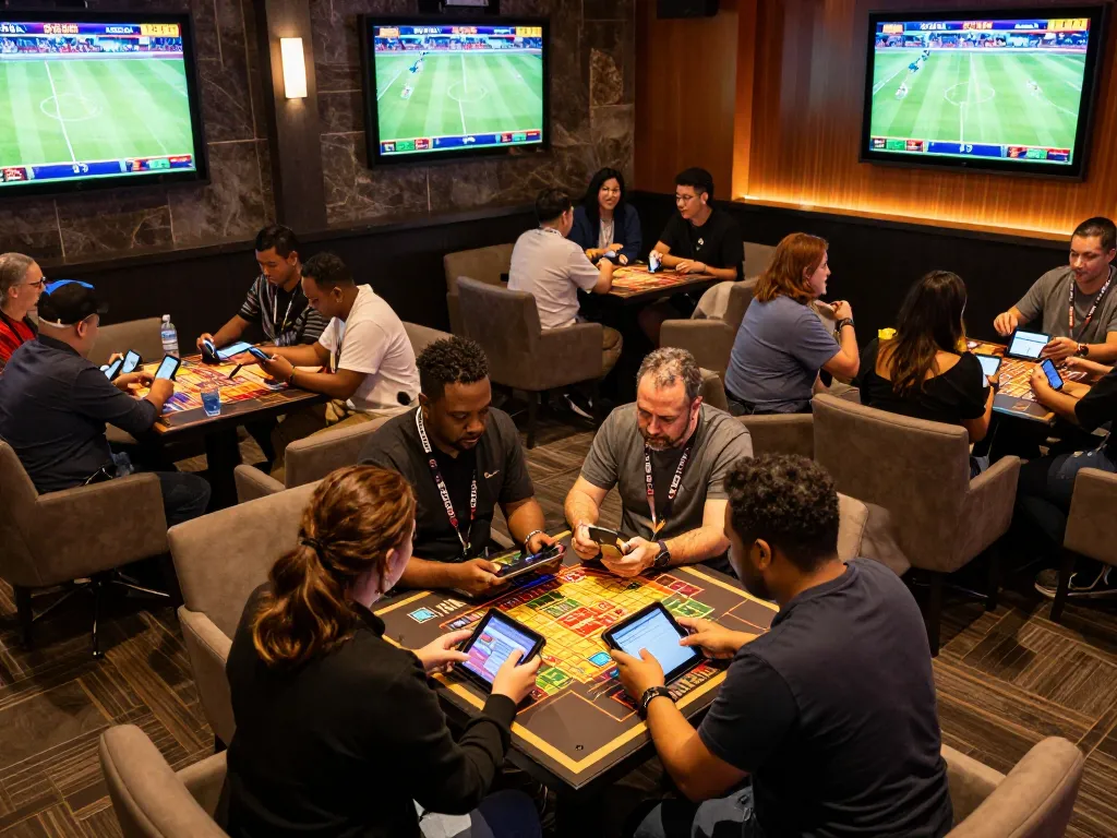 Engaging sports betting atmosphere at SV368 with patrons analyzing odds and placing wagers