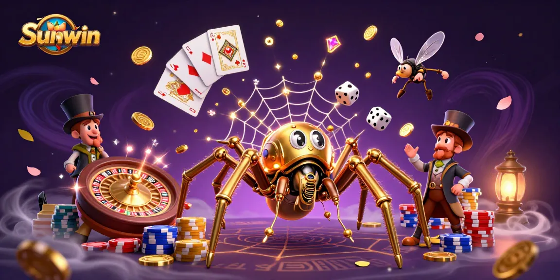 Engage with Sunwin's exhilarating casino experience illustrated by a steampunk spider and whimsical characters.