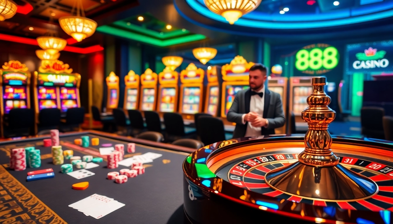 Engaging scene of a luxury gaming table at 888 NEW with chips, cards, and a spinning roulette.