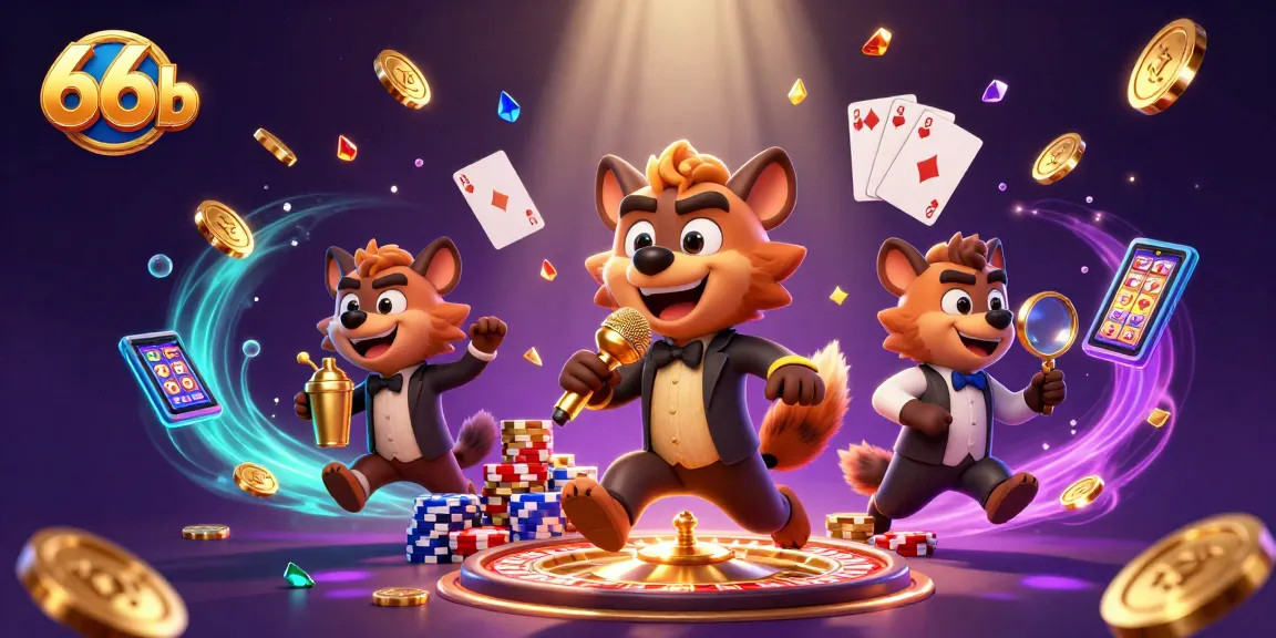 Hyenas performing comedy at a casino showcasing 66b with dazzling games and vibrant elements.