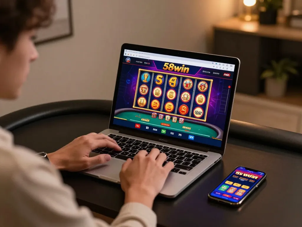 Engaging with 58win online casino on a laptop, showcasing vibrant game interface.
