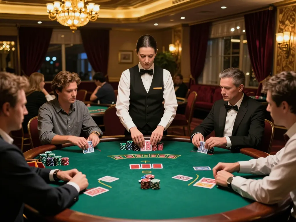 Engaged players participating at an MM88 blackjack table with cards and chips, highlighting strategy and excitement