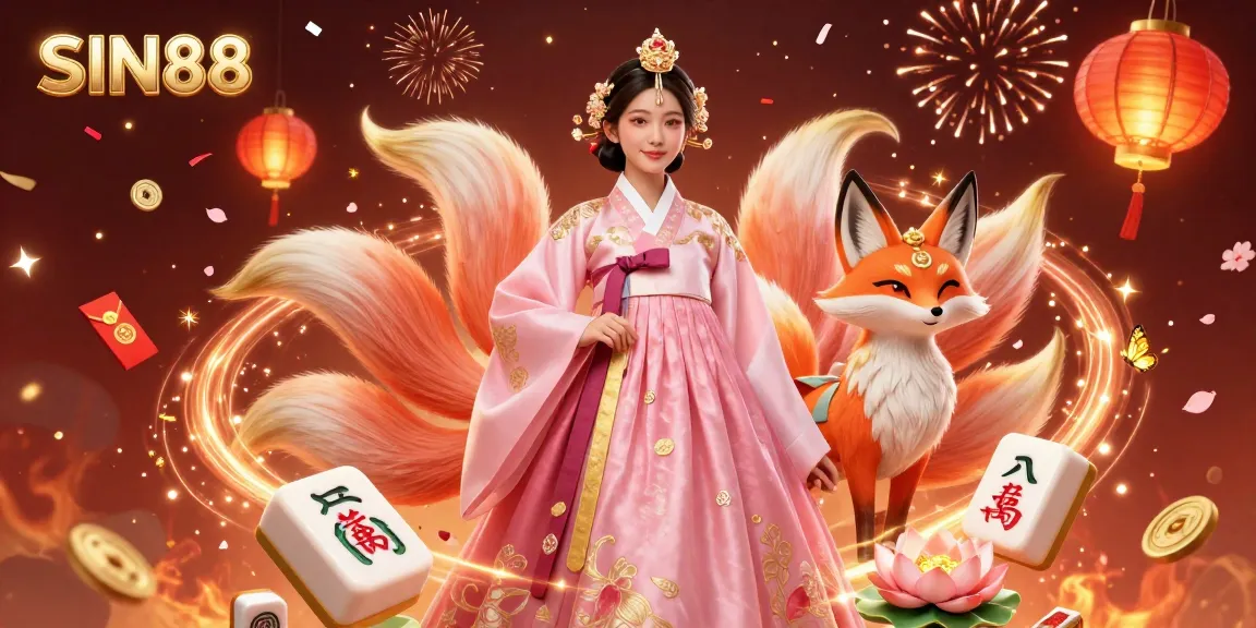 SIN88 offers an exhilarating gaming experience with festive elements, including a graceful Asian woman and a lucky fox surrounded by rich casino symbols.