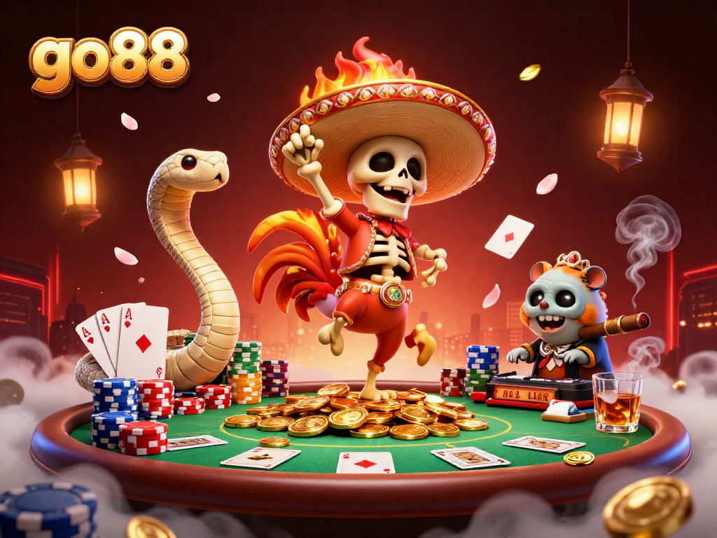 Win big with go88 as a skeleton mariachi rooster celebrates on golden coins.