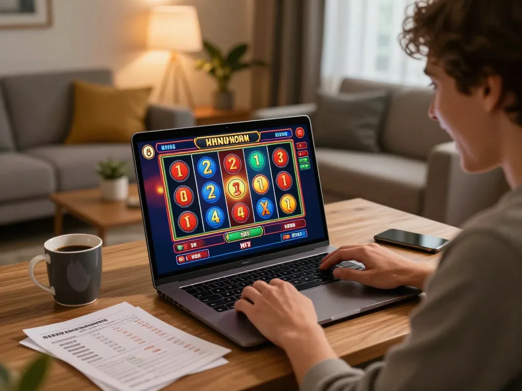 3win player enjoying an online slot game in a cozy living room setting with a laptop and strategy notes.