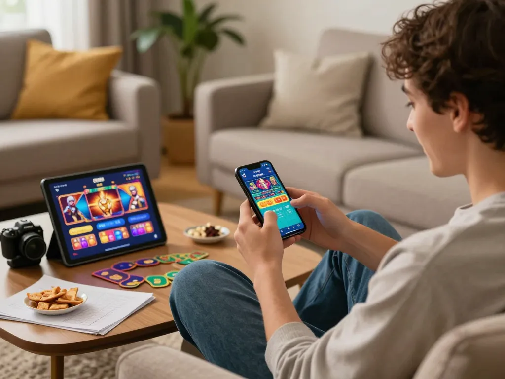 Engaging with the QQ88 mobile app for online casino gaming in a cozy living space.